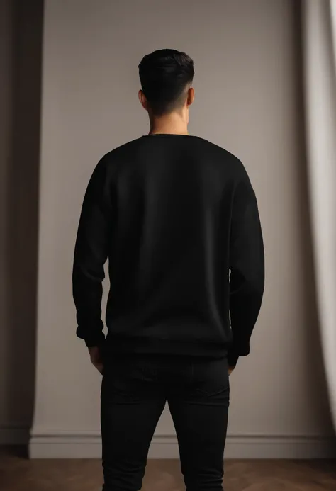 8k, hq, real, hyper realistic, realism , man, male, black hair, back view, crew neck black sweatshirt, fabric, villa interior plain background white, full body, real skin tone, real clothes
