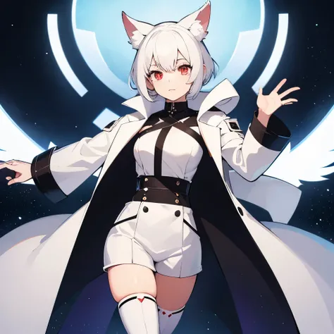 1 girl with short white hair, wearing a white coat with long sleeves, White Topic, white tight shorts and white stocking boots. She has red eyes, white fox ears and white fox tail