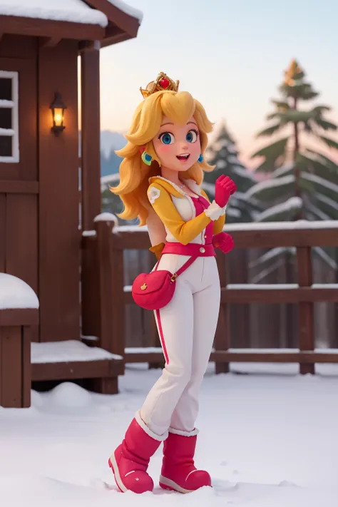 ((Mejor calidad)), ((obra maestra)), (detallado), cara perfecta,princess peach,snow boots, silk pants, in the snow,looking at the viewer