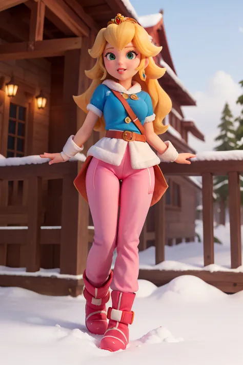 ((Mejor calidad)), ((obra maestra)), (detallado), cara perfecta,princess peach,snow boots, silk pants, in the snow,looking at the viewer,view crotch