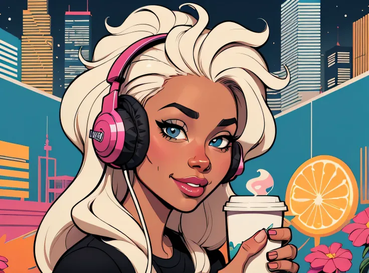 (estilo de desenho animado:1.2), Imagem dos desenhos animados de uma mulher com cabelo africano grande, headphones and drinking coffee, garota negra super fofa e descolada, cartoon style illustration, estilo de arte dos desenhos animados, estilo de arte do...