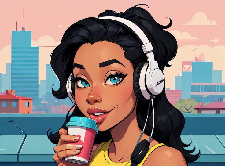 (estilo de desenho animado:1.2), Imagem dos desenhos animados de uma mulher com cabelo africano grande, headphones and drinking coffee, garota negra super fofa e descolada, cartoon style illustration, estilo de arte dos desenhos animados, estilo de arte do...