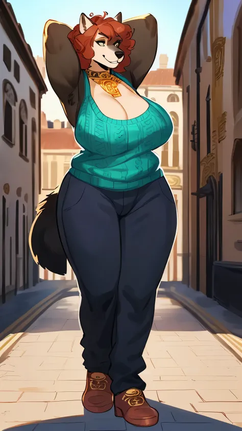 By bebebebebe, by lostgoose, by goonie-san, solo, muscular, canine, ((black wolf, fluffy)), smirking, hands behind head, wavy hair, ((copper hair)), (snout), big breasts, curvy, thicc, overweight, milf, chubby, standing, wrinkly, italian city, massive, siz...