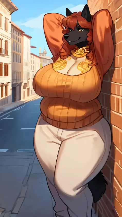 By bebebebebe, by lostgoose, by goonie-san, solo, muscular, canine, ((black wolf, fluffy)), smirking, hands behind head, wavy hair, ((copper hair)), (snout), big breasts, curvy, thicc, overweight, milf, chubby, standing, wrinkly, italian city, massive, siz...