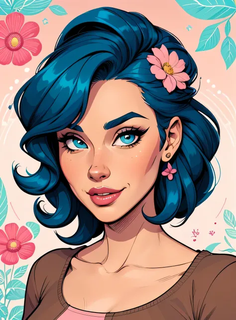 (estilo de desenho animado:1.2), Cartoon image of a woman with big blue hair and coffee, garota funky super fofa, cartoon style illustration, estilo de arte dos desenhos animados, estilo de arte dos desenhos animados, digital illustration style, design de ...