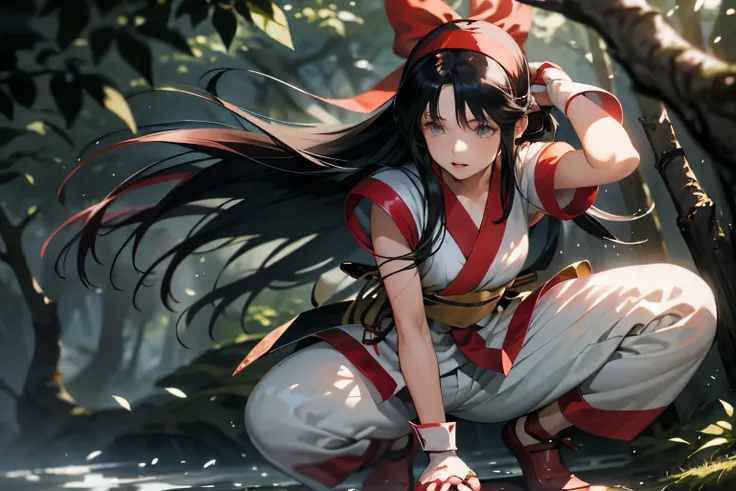 masterpiece、highest quality,1 girl, nakoruru、long hair, ainu clothes, alone, hair band, black hair, fingerless gloves, short sle...