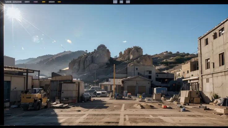 film still IMPONENTE YELLOW XCMG loader parked on a construction site. Realistic photo of a concrete construction in the foreground passing quickly through a mountain of rock, in the background we see concrete machines and stones and cement, late afternoon...