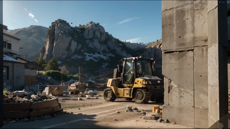 film still IMPONENTE YELLOW XCMG loader parked on a construction site. Realistic photo of a concrete construction in the foreground passing quickly through a mountain of rock, in the background we see concrete machines and stones and cement, late afternoon...