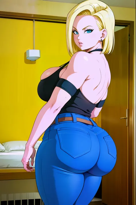 Masterpiece, high resolution, Dragon ball art style, android 18, 1girl, (((bimbo))), puffy lips, painted lips, thick lips, wide hips, thick thighs, big breast, huge ass, revealing cleavage, erotic, sexy face, bubble butt, Brazilian butt lift, camel toe, lo...