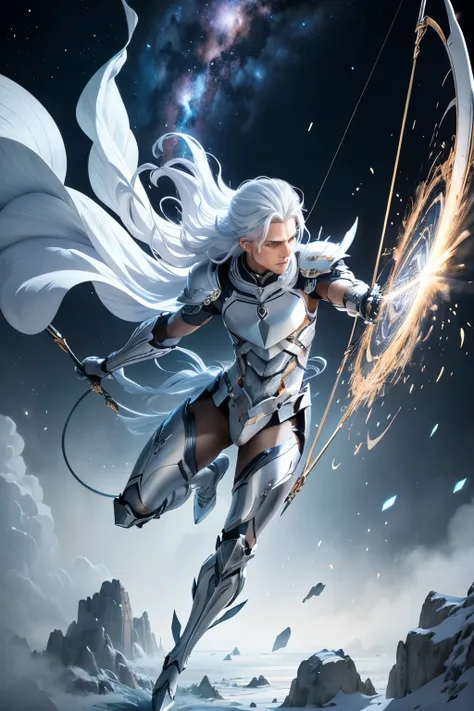 Sagittarius zodiac sign, Futurism, silver and dynamic, Man with bow Fantasy Action armor Silver hair Full body White Blue rays Galaxy background with lines of force and movement Add silver armor Upgrade Add archer White beast Lightning effects Bow and Arro...