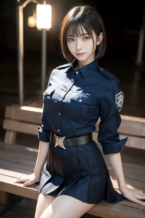 innocent 20 year old girl、((japan police officer, sexy police uniform, skirt, cute and elegant, dramatic poses)),smile,night cit...