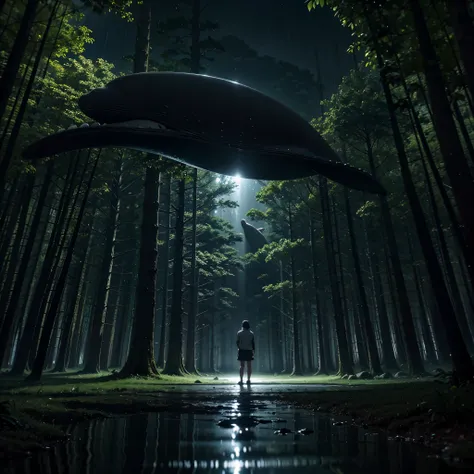 a giant whale in between the trees, jungle, at night with spot light, mystic, foggy, rainy, reflective floor