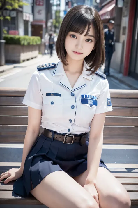 innocent 20 year old girl、((japan police officer, sexy police uniform, skirt, cute and elegant, dramatic poses)),smile,night cit...