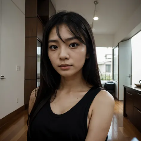 Asian girl former junkie with dark circles dressed in black in modern house 