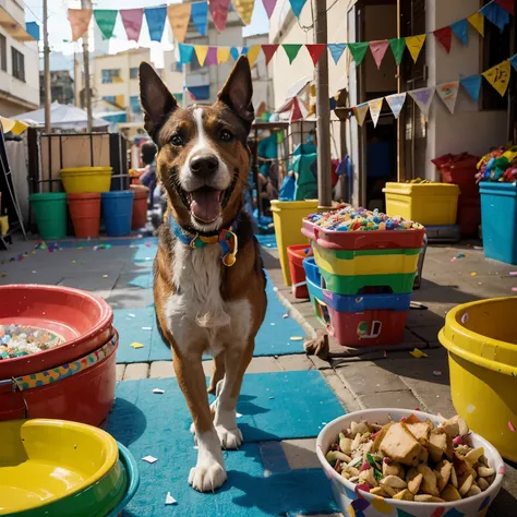 Image inspired by Pixar cartoons of a carnival party with just several dogs, playing and dancing amid confetti and food bowls. Decoration of Carnival masks and a colorful sign written in Brazilian Portuguese "São Lázaro Shelter Block"