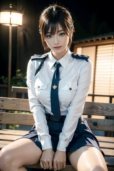 Innocent 20 year old girl、((Japan Police Officer, sexy police uniform, Skirt, Cute and elegant, Dramatic poses)),Smile,night city background,short-cut、Raw photo, (8K、top-quality、​masterpiece:1.2)、(intricate detailes:1.4)、(Photorealsitic:1.4)、octane renderi...