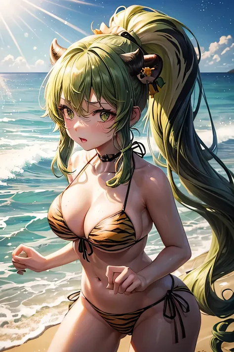 ((worst quality, low quality)), ((worst quality, low quality)), ((horned, Cow chemomimi girl)), solo, (((long hair, ponytail, green hair,):1.3)), (big breasts same),  (tiger print tube top bikini), demon pants, (長いgreen hair), hair above one eye, plump and...