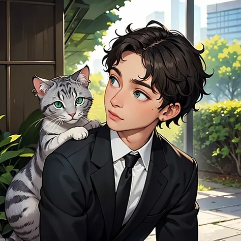 An artactive brown eyesd man who that has curly short hair, ear piercings, nose piercing and neck tie with his gray cat that has green eyes