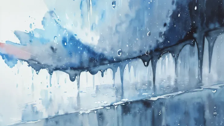 ((masutepiece)), (abstract art:1.5), (High Definition), Best Quality, (watercolor painting:1.3), pale blue, wide shot, (cold atmosphere), (raindrops), drop of water, Rain, (simple white background:1.10), cityscape,