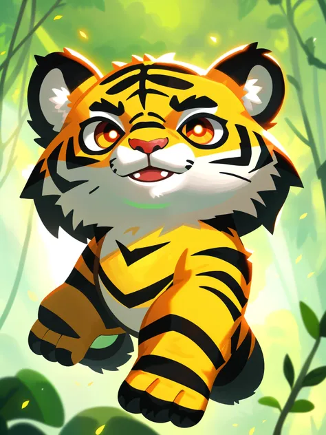 cute little tiger, jungle, baby tiger, simple background, smile,positive,delicate and fine, fairy tales, incredibly high detaile...