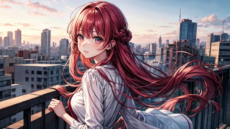 Una chica anime, hermosa, cabello rosado, ojos celestes, ojos hermosos y definidos, vestimenta rosada moderna, en ciudad de fondo, hermoso, graficos muy detallados, arte estilo moderno
