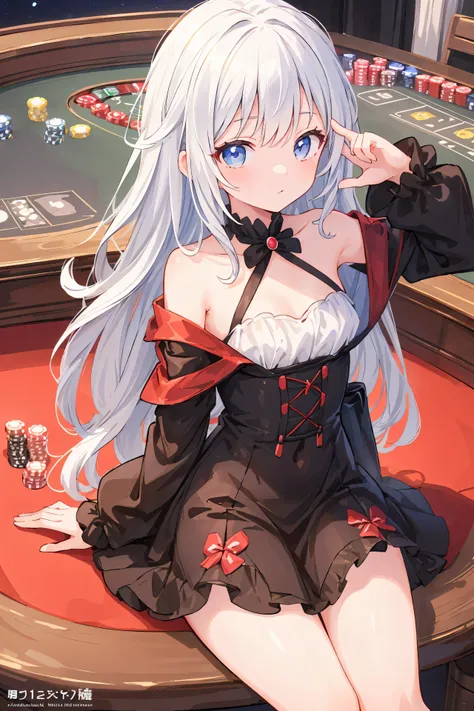 anime girl assise sur une table avec une table de casino en arrière-plan, un dessin animé de Shitao, pixiv, rococo, fille anime séduisante,  courbure ,  en robe, pixiv 3dcg, détails fins. filles en première ligne, les mieux notés sur pixiv, from filles en ...