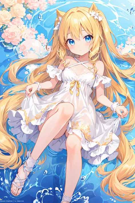 anime girl avec de longs cheveux blonds et des yeux bleus dans une robe,   courbée, fille anime blonde aux cheveux longs,  en robe, jolie fille animée, jolie fille animée, waifu anime mignon dans une jolie robe, anime splash art , , Belle fille animée, fil...