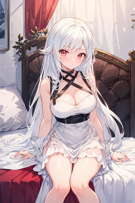 anime - image de style d&#39;une femme vêtue d&#39;une robe blanche assise sur un lit, perfect cheveux blancs girl, fille anime séduisante, Tifa Lockhart aux cheveux blancs, cheveux blancs, les mieux notés sur pixiv, from filles en première ligne, chez pix...