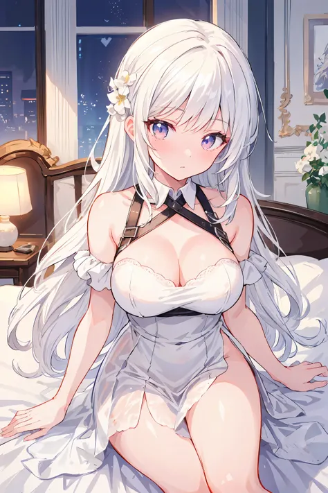 anime - image de style d&#39;une femme vêtue d&#39;une robe blanche assise sur un lit, perfect cheveux blancs girl, fille anime séduisante, Tifa Lockhart aux cheveux blancs, cheveux blancs, les mieux notés sur pixiv, from filles en première ligne, chez pix...