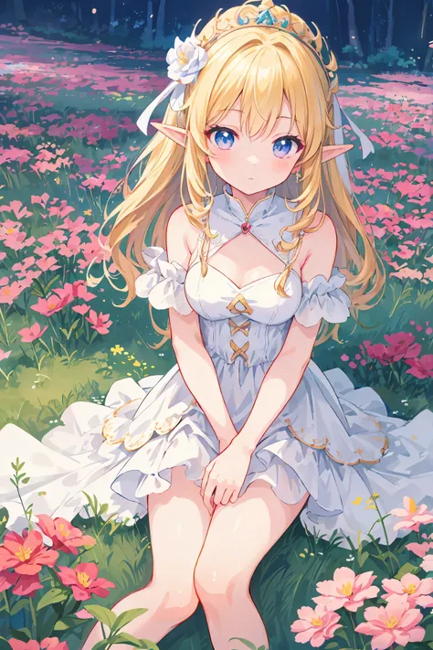 anime girl dans une robe blanche assise dans un champ de fleurs, bel anime fantastique, Fond d&#39;écran d&#39;art animé 8 K, Fond d&#39;écran d&#39;art animé 4 K, Fond d&#39;écran d&#39;art animé 4k, Bel Anime art, waifu anime mignon dans une jolie robe, ...