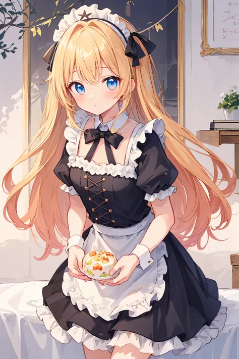 anime girl assise sur une table avec un arc bleu, un dessin animé de Kamagurka, pixiv, rococo,  en robe, waifu anime mignon dans une jolie robe,  courbure , fille anime blonde aux cheveux longs, magnifique femme de chambre, anime girl dans un costume de fe...