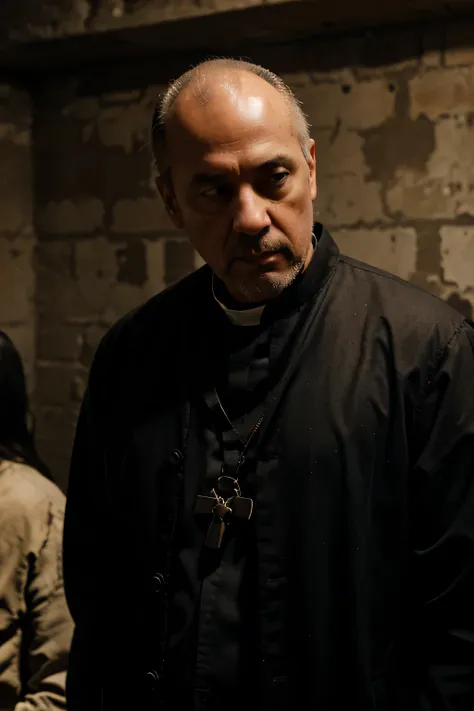 a dungeon full of prisoners who are tortured by executioners. a priest assists with an impassive face