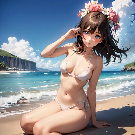 (masterpiece:2.0), (highest quality:2.0), (sitting naked on the beach:1.5), (Tiny white T-back nano bikini:1.5), (super sexy pose:1.5), (look up from below:1.5), (Fully exposed shoulders:1.5), (fully exposed nape:1.5), (blushing face:1.5), (cover one&#39;s...