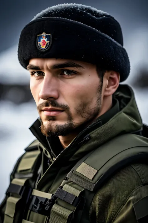 Serbian soldier, uniform, sharp focus, military camp, dimly lit, head and shoulder portrait, cover, rugged features, determined expression, night setting, camouflage netting, torcha light, intense gaze, battle-worn equipment, steely posture.

Serbski vojni...