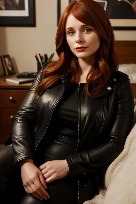 medium view of 34 year old aged bryce dallas howard, face portrait, long hair, black leather jacketred lipstick, chubby woman, c...