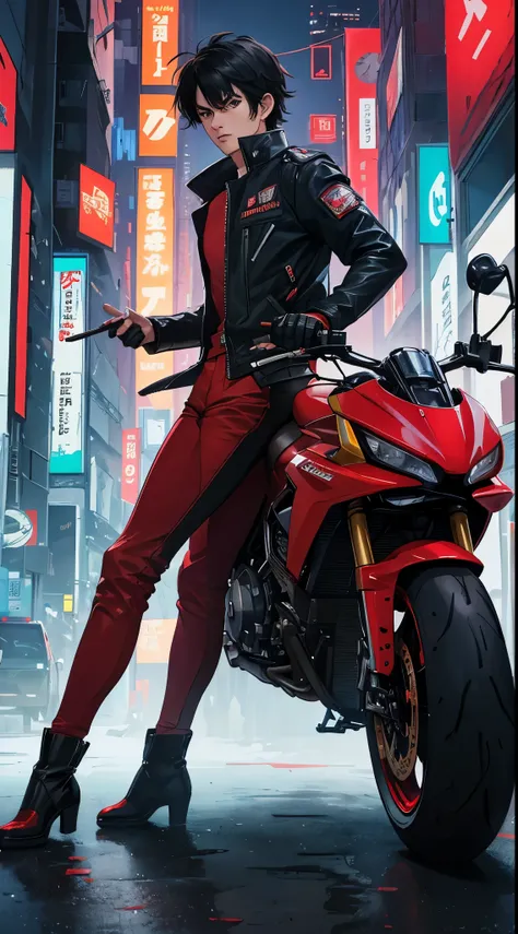 Create a character named Akira for your Halloween event, inspired by the iconic anime character Kaneda. Dressed in a meticulously crafted, futuristic red motorcycle jacket, adorned with the distinctive pill logo, Akira pairs this look with matching red pan...