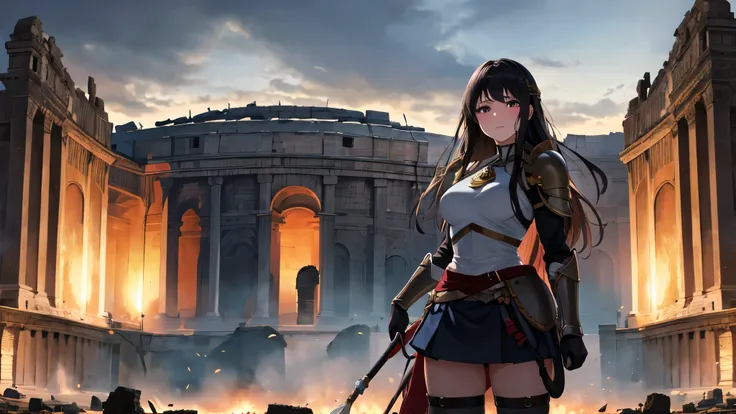 masterpiece, best quality, highres, warrior girl, dark hair, long hair, female plate armor, short skirt, standing, looking at viewer, destroyed coliseum, sadness, tears, sorrow, darkness, night time.