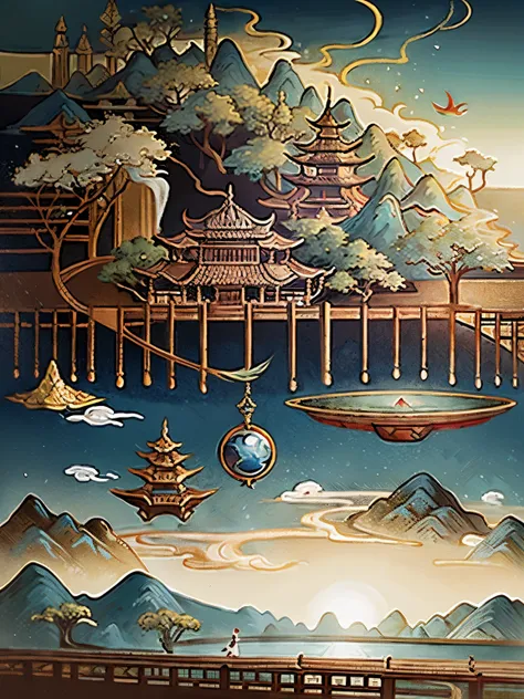 An ancient Javanese painting, ancient Javanese background, mountains, rivers, auspicious clouds, pavilions, sunshine, masterpieces, super detail, epic composition, ultra HD, high quality, extremely detailed, official art, unified 8k wallpaper, Super detail...