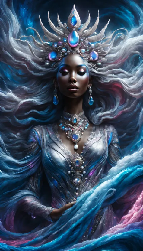 Imagine an ultra-realistic image of Yemanjá, adaptado ao estilo cromopunk, serving as epic game wallpaper. She is against a black background, surrounded by an immersive atmosphere created by blue smoke effects, prata, rosa, e branco, adding a surreal and p...