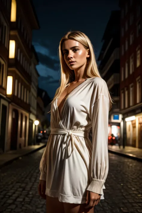 uma foto de moda de um (beautiful german woman:1.2), (olhar sedutor:1.2), peituda, standing on an abandoned street corner at night, vestindo roupa de ioga, fotografia telefoto, close da parte superior do corpo, detalhe intrincado, pele complexa, sardas sut...