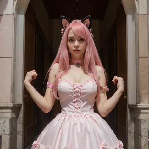 One of European appearance (russo), with big length pink hair, using a princess pink dress and kitty ears black