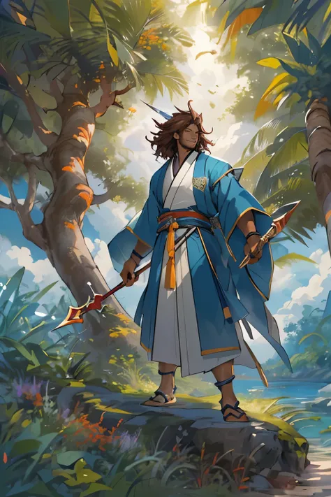 masterpiece, best quality, official art, extremely detailed 8k wallpaper, ((seraphim as a (dark-skinned young man) wearing flowing blue hakama with (shoulder-length curly reddish-brown hair) (holding mystical lance gungnir) upright)), glowing spiked halo a...