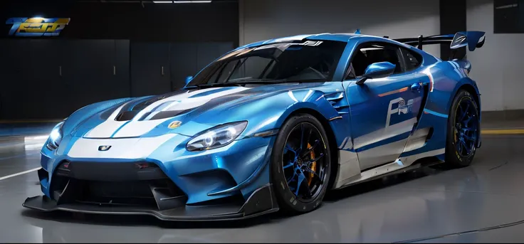 a close up of a blue race car in a garage, sports car, sport car, racecar, sportcar, race car, new vehicle, realistic paint job, rocket league, need for speed : carbon, anime car wrap, sportscar, inspired by An Gyeon, car with holographic paint, super car,...