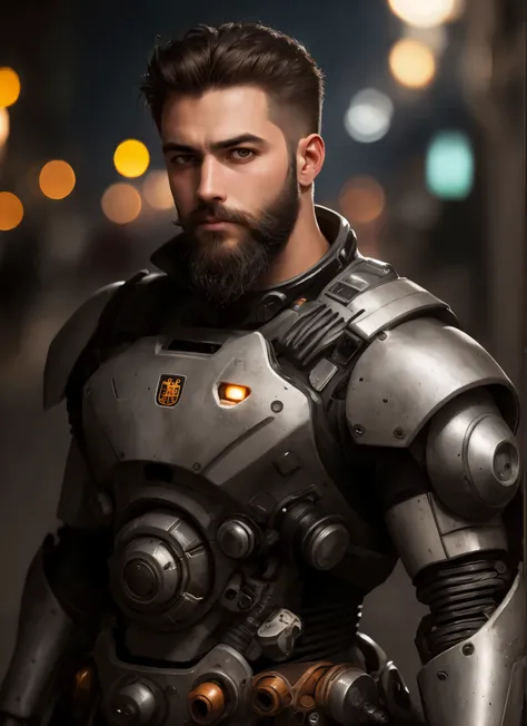 close up Portrait photo of muscular bearded guy in a worn mech suit, ((light bokeh)), intricate, (steel metal [rust]), elegant, sharp focus, photo by greg rutkowski, soft lighting, vibrant colors, masterpiece, ((streets)), detailed face 