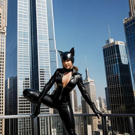 Britney Spears Catwoman costume posing on a skyscraper outdoors