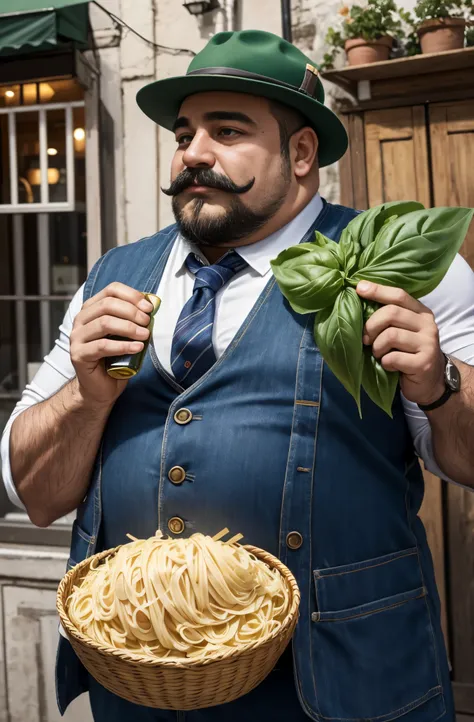 The Italian superhero is a mustachioed fat man with a packet of pasta and a bottle of olive oil. A sprig of basil in his hat.