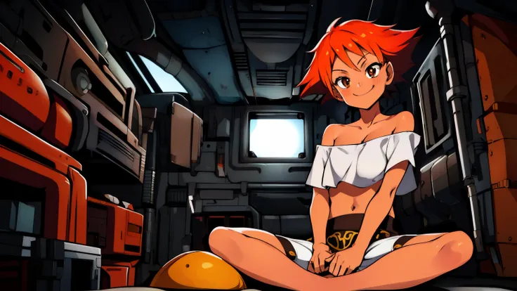 edward,midriff,orange hair,white shirt,off shoulder,collarbone,tan skin, black bike shorts,goggles, brown eyes, space station,en...