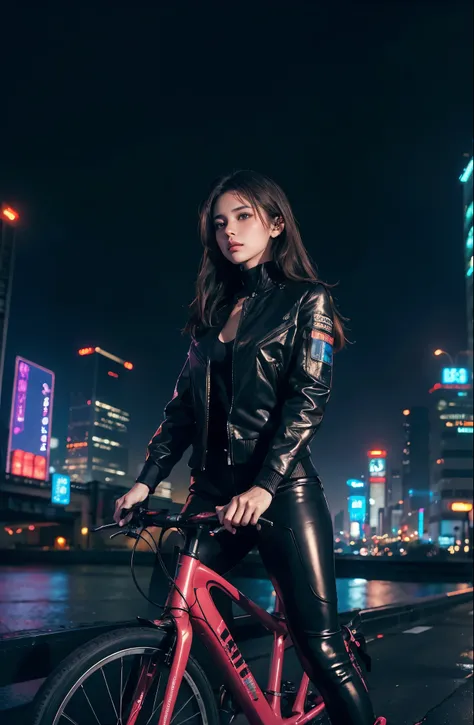 highest quality, masterpiece, photograph, 4K, photographrealistic, very detailed,
A girl riding a large bike, tech wear, cyberpunk city, alone, futuristic, Shuto Expressway in the background、Neon lights in the background、Wear clothing that is open at the c...