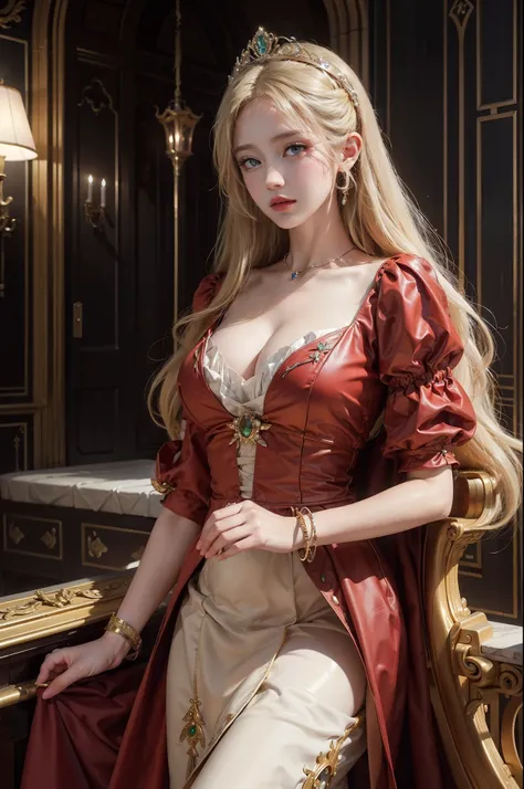 ((top quality、masterpiece、photorealistic:1.4、in 8K))、Blonde beauty、Delicate and beautiful face、Beautiful big eyes,plump, parted lips.（Luxurious red dress in medieval European style.、princess）、Luxury Accessories、diamonds and emeralds decorate her clothes.Eu...