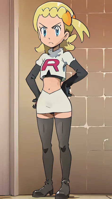 masterpiece, best quality, highres,team rocket uniform, red letter r, white skirt, white crop top, black thigh-high boots, black elbow gloves, glaring angrily, looking at viewer, hands on hips, full body seen, zettai ryouiki